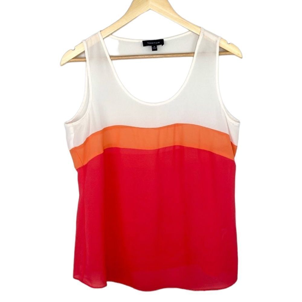 Spense semi-sheer white red and orange color-block tank medium